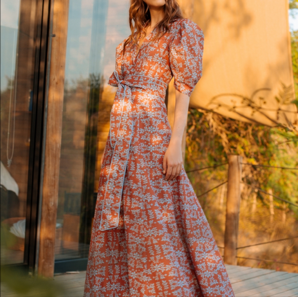 Women’s Rust Floral Maxi Dress with Tie Waist - Picture 4 of 6